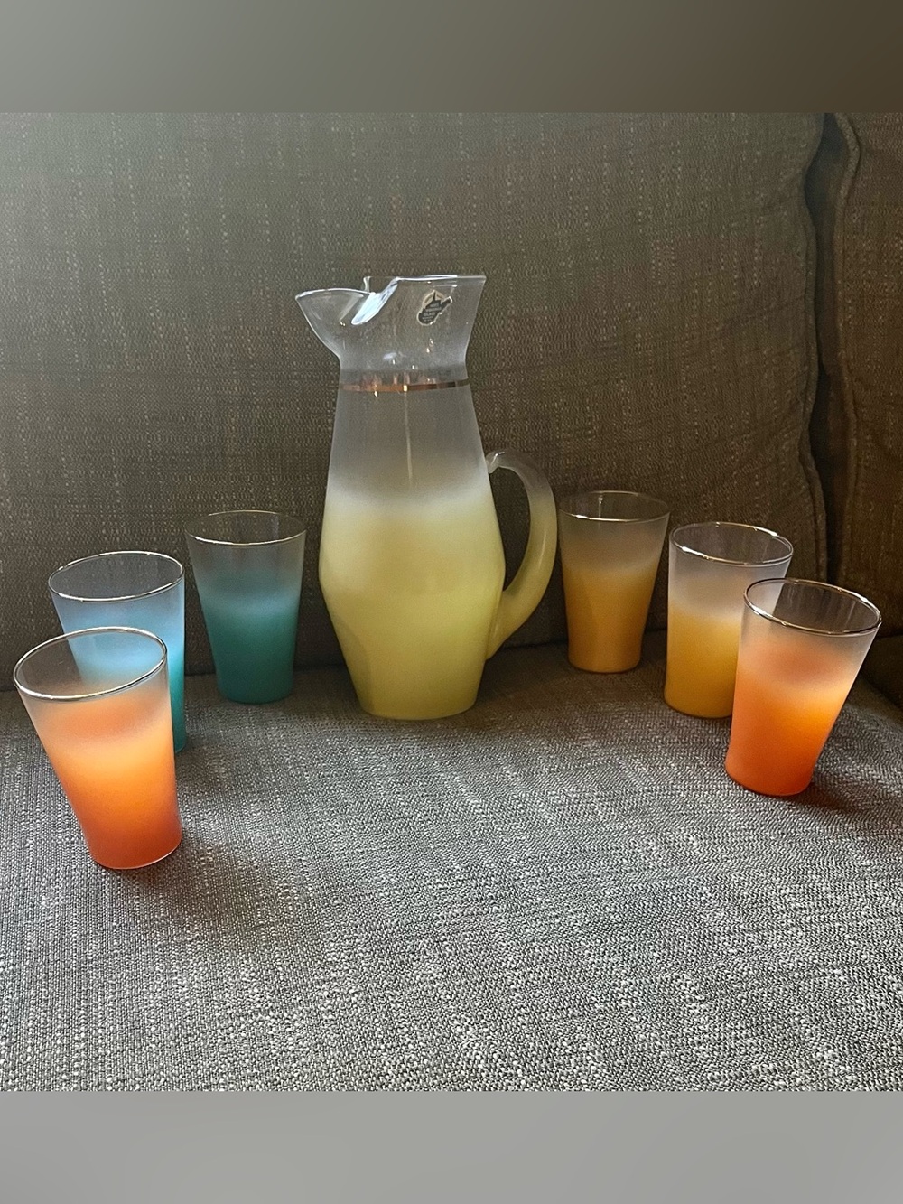 Vintage Blendo Frosted Pitcher & Tumbler Set West Virginia Glass MCM 7 Pieces